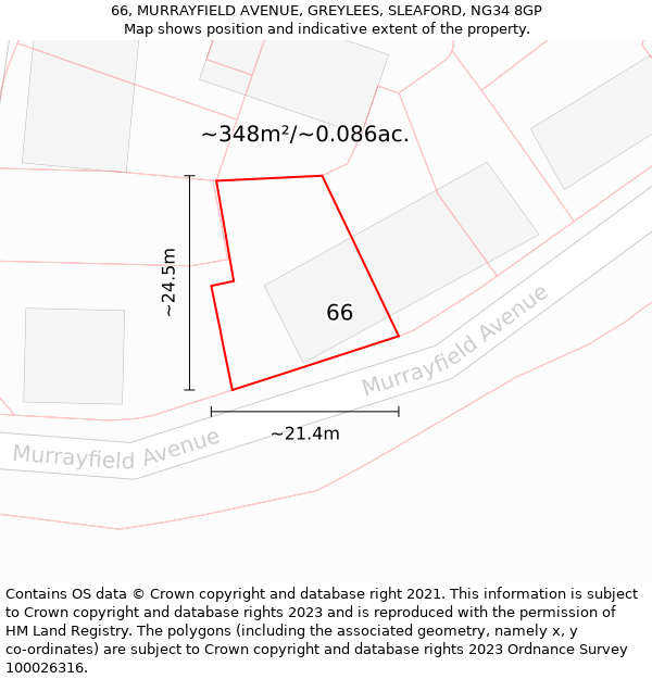 66, MURRAYFIELD AVENUE, GREYLEES, SLEAFORD, NG34 8GP: Plot and title map