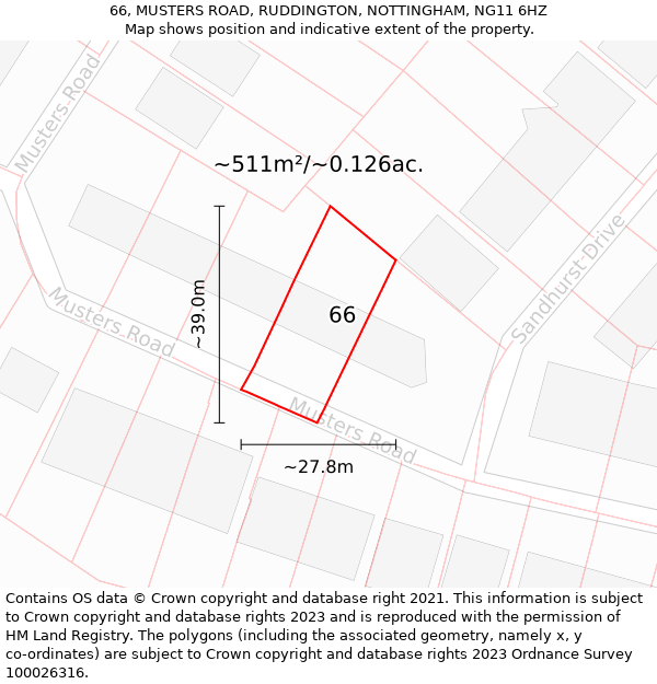 66, MUSTERS ROAD, RUDDINGTON, NOTTINGHAM, NG11 6HZ: Plot and title map