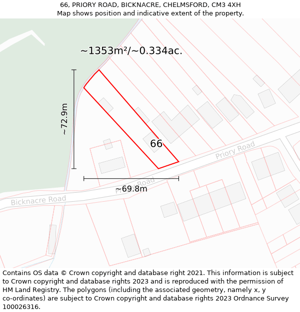 66, PRIORY ROAD, BICKNACRE, CHELMSFORD, CM3 4XH: Plot and title map