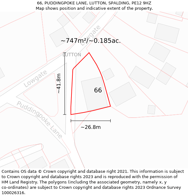 66, PUDDINGPOKE LANE, LUTTON, SPALDING, PE12 9HZ: Plot and title map