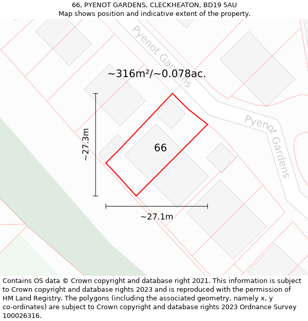 66, PYENOT GARDENS, CLECKHEATON, BD19 5AU: Plot and title map