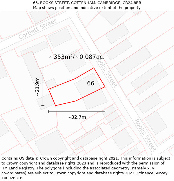 66, ROOKS STREET, COTTENHAM, CAMBRIDGE, CB24 8RB: Plot and title map
