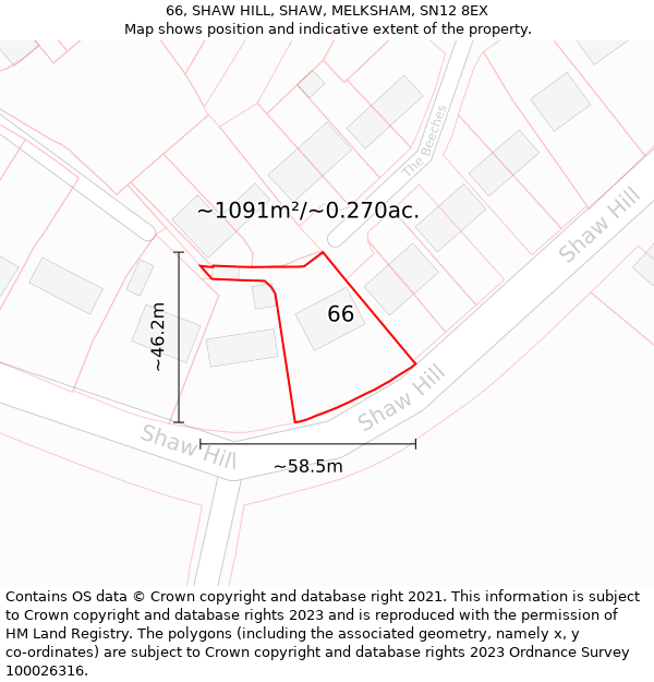 66, SHAW HILL, SHAW, MELKSHAM, SN12 8EX: Plot and title map