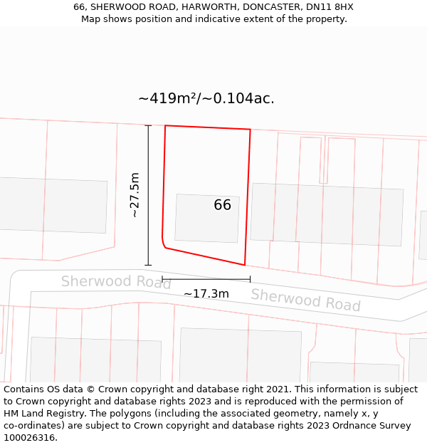 66, SHERWOOD ROAD, HARWORTH, DONCASTER, DN11 8HX: Plot and title map