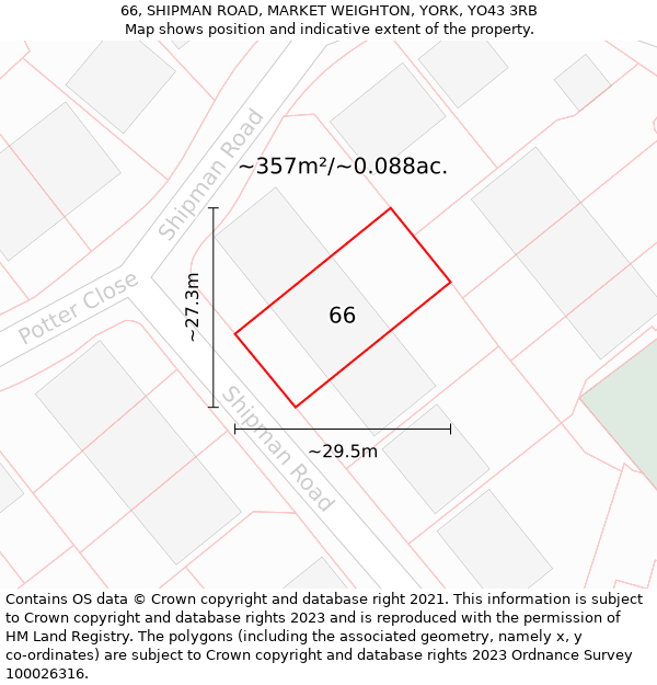 66, SHIPMAN ROAD, MARKET WEIGHTON, YORK, YO43 3RB: Plot and title map