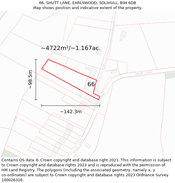 66, SHUTT LANE, EARLSWOOD, SOLIHULL, B94 6DB: Plot and title map