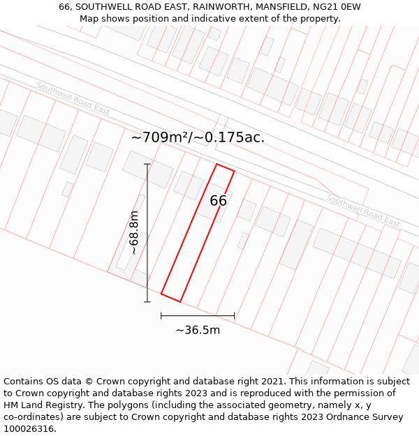 66, SOUTHWELL ROAD EAST, RAINWORTH, MANSFIELD, NG21 0EW: Plot and title map