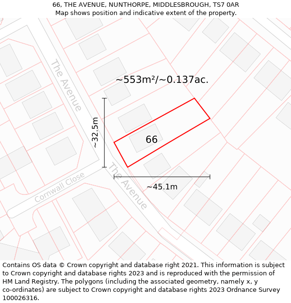 66, THE AVENUE, NUNTHORPE, MIDDLESBROUGH, TS7 0AR: Plot and title map