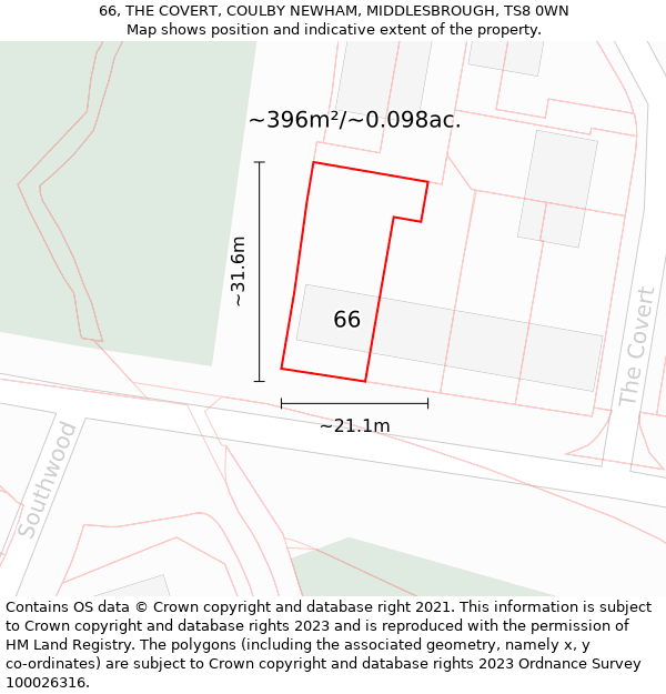 66, THE COVERT, COULBY NEWHAM, MIDDLESBROUGH, TS8 0WN: Plot and title map