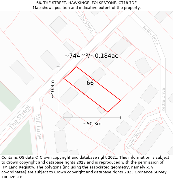 66, THE STREET, HAWKINGE, FOLKESTONE, CT18 7DE: Plot and title map