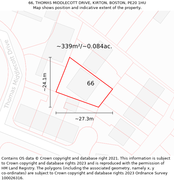 66, THOMAS MIDDLECOTT DRIVE, KIRTON, BOSTON, PE20 1HU: Plot and title map