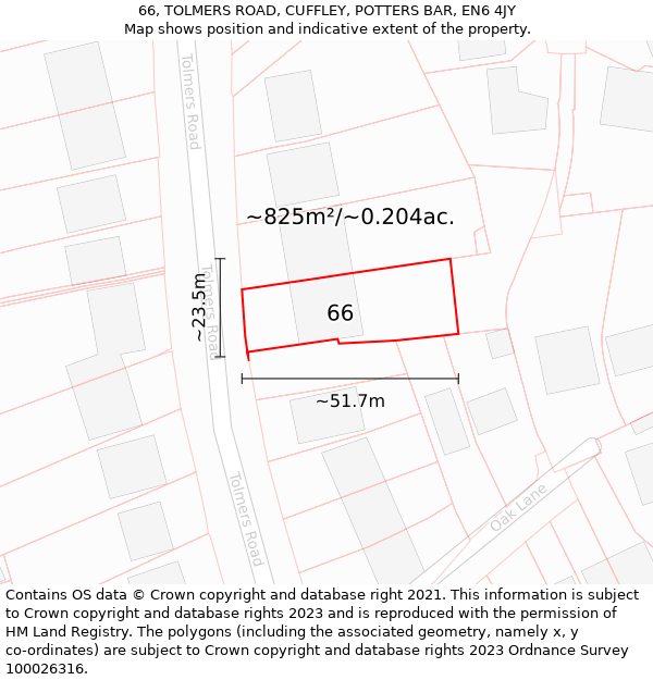 66, TOLMERS ROAD, CUFFLEY, POTTERS BAR, EN6 4JY: Plot and title map