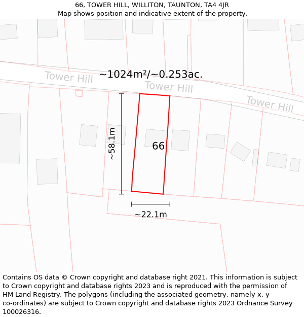 66, TOWER HILL, WILLITON, TAUNTON, TA4 4JR: Plot and title map