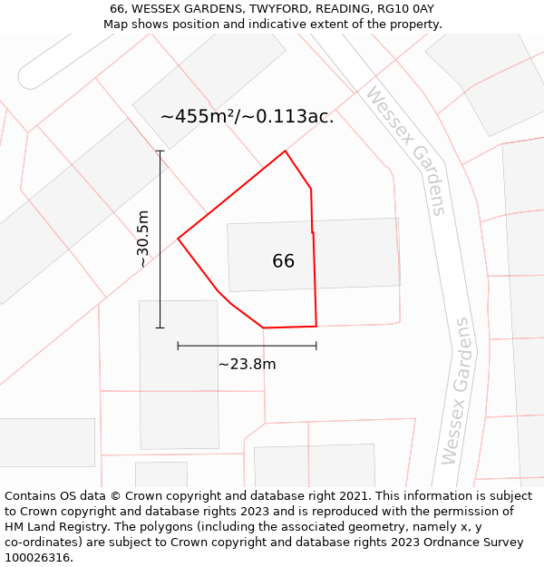 66, WESSEX GARDENS, TWYFORD, READING, RG10 0AY: Plot and title map