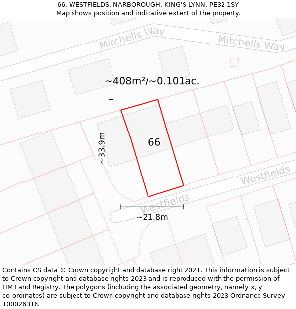 66, WESTFIELDS, NARBOROUGH, KING'S LYNN, PE32 1SY: Plot and title map