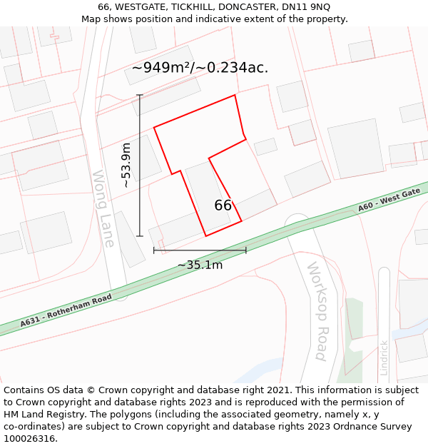 66, WESTGATE, TICKHILL, DONCASTER, DN11 9NQ: Plot and title map