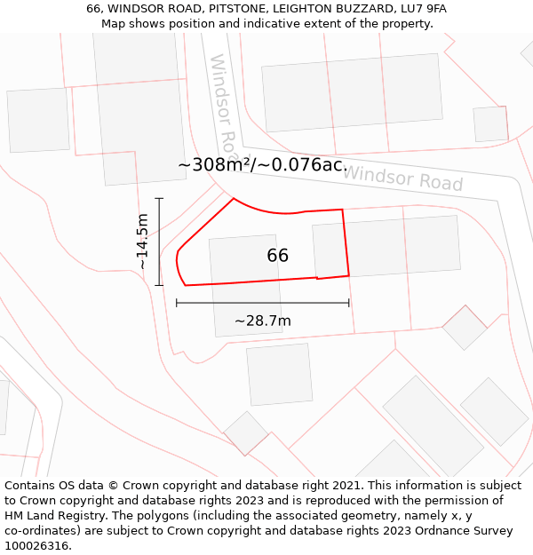 66, WINDSOR ROAD, PITSTONE, LEIGHTON BUZZARD, LU7 9FA: Plot and title map