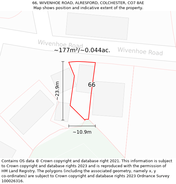 66, WIVENHOE ROAD, ALRESFORD, COLCHESTER, CO7 8AE: Plot and title map