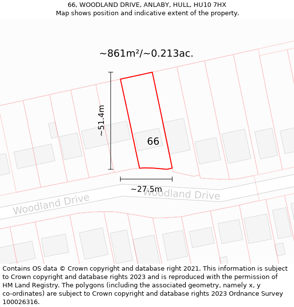 66, WOODLAND DRIVE, ANLABY, HULL, HU10 7HX: Plot and title map