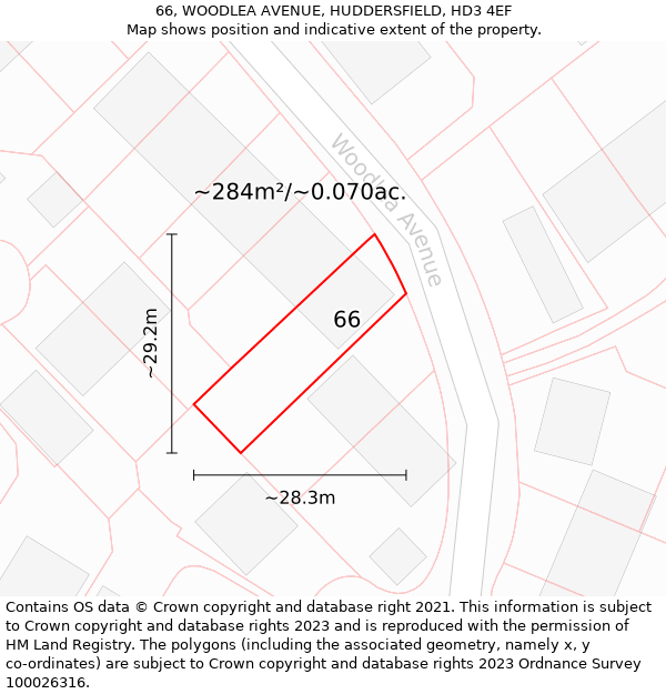 66, WOODLEA AVENUE, HUDDERSFIELD, HD3 4EF: Plot and title map