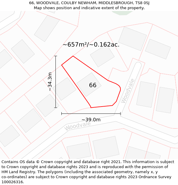 66, WOODVALE, COULBY NEWHAM, MIDDLESBROUGH, TS8 0SJ: Plot and title map