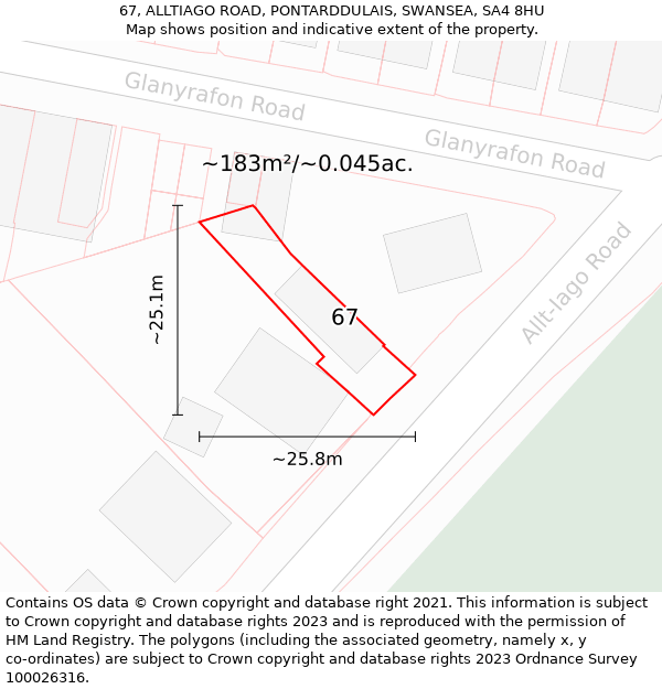 67, ALLTIAGO ROAD, PONTARDDULAIS, SWANSEA, SA4 8HU: Plot and title map