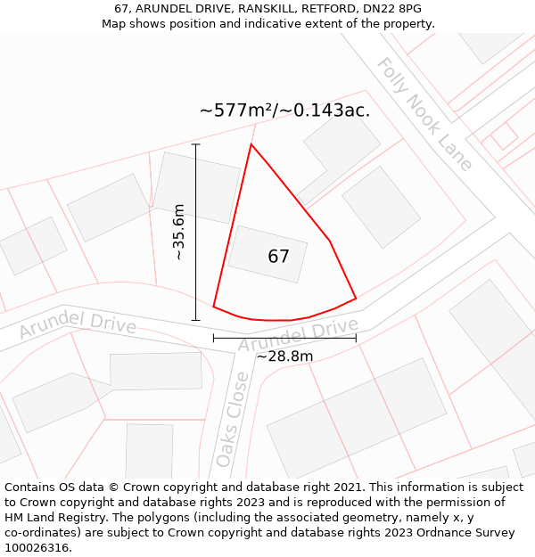 67, ARUNDEL DRIVE, RANSKILL, RETFORD, DN22 8PG: Plot and title map