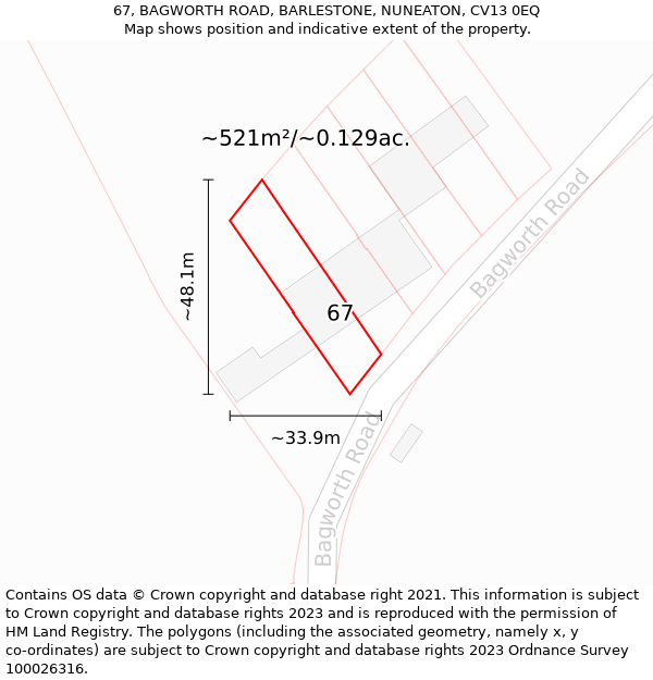 67, BAGWORTH ROAD, BARLESTONE, NUNEATON, CV13 0EQ: Plot and title map