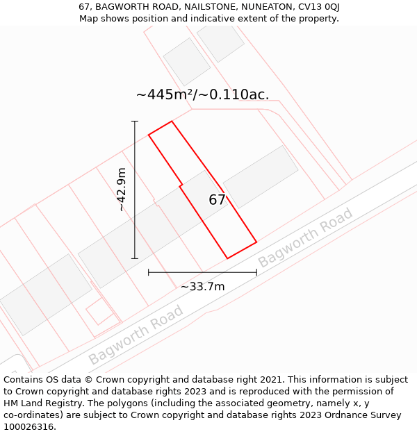 67, BAGWORTH ROAD, NAILSTONE, NUNEATON, CV13 0QJ: Plot and title map