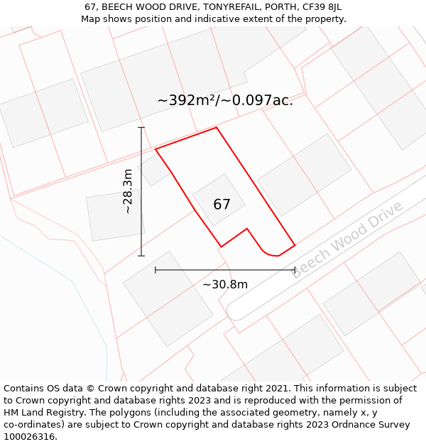 67, BEECH WOOD DRIVE, TONYREFAIL, PORTH, CF39 8JL: Plot and title map