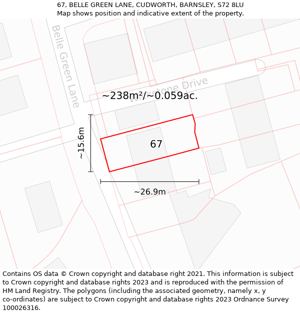 67, BELLE GREEN LANE, CUDWORTH, BARNSLEY, S72 8LU: Plot and title map