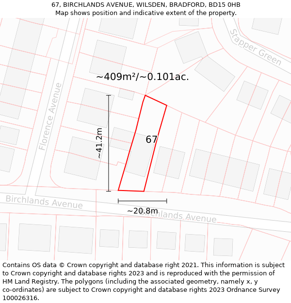 67, BIRCHLANDS AVENUE, WILSDEN, BRADFORD, BD15 0HB: Plot and title map