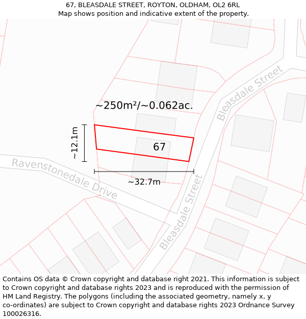 67, BLEASDALE STREET, ROYTON, OLDHAM, OL2 6RL: Plot and title map