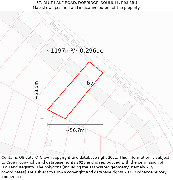 67, BLUE LAKE ROAD, DORRIDGE, SOLIHULL, B93 8BH: Plot and title map