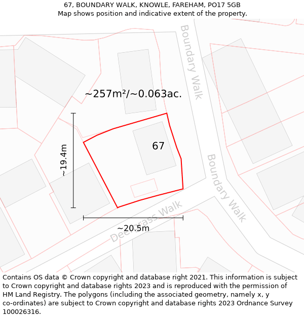 67, BOUNDARY WALK, KNOWLE, FAREHAM, PO17 5GB: Plot and title map