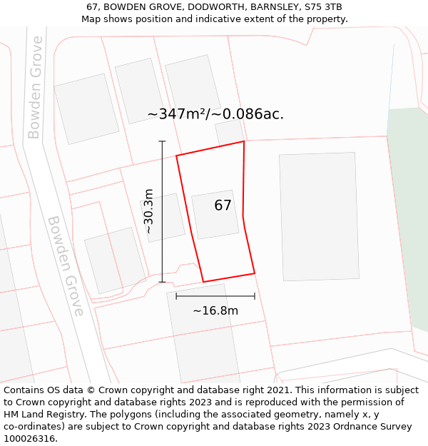 67, BOWDEN GROVE, DODWORTH, BARNSLEY, S75 3TB: Plot and title map