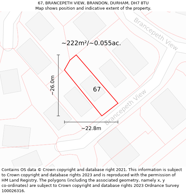 67, BRANCEPETH VIEW, BRANDON, DURHAM, DH7 8TU: Plot and title map