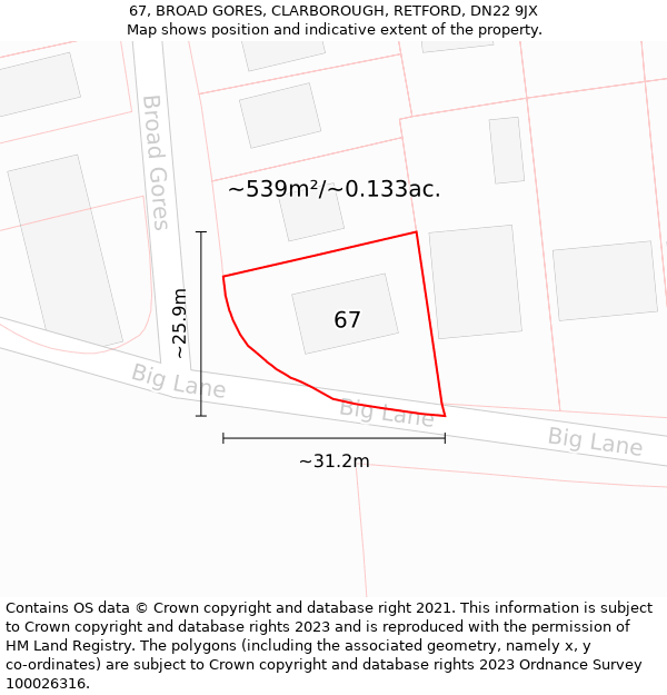 67, BROAD GORES, CLARBOROUGH, RETFORD, DN22 9JX: Plot and title map