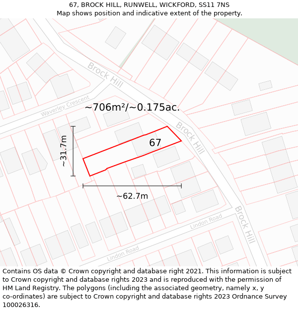 67, BROCK HILL, RUNWELL, WICKFORD, SS11 7NS: Plot and title map