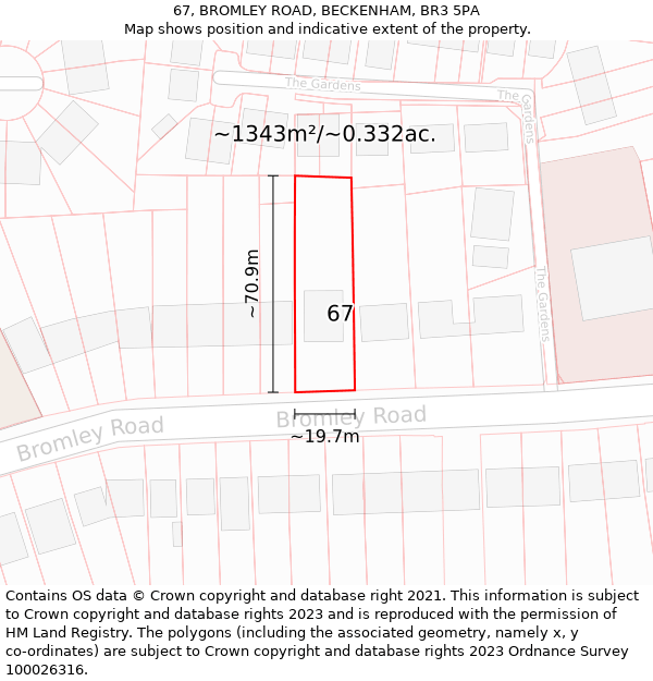67, BROMLEY ROAD, BECKENHAM, BR3 5PA: Plot and title map