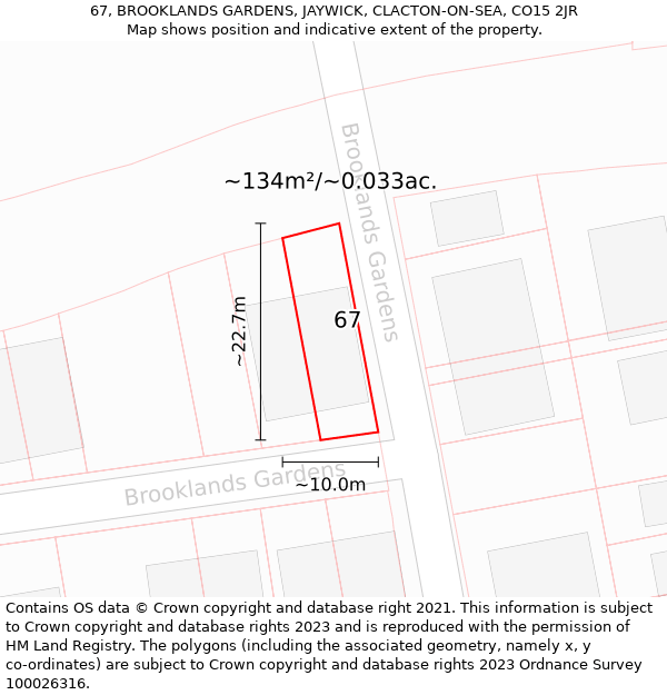 67, BROOKLANDS GARDENS, JAYWICK, CLACTON-ON-SEA, CO15 2JR: Plot and title map