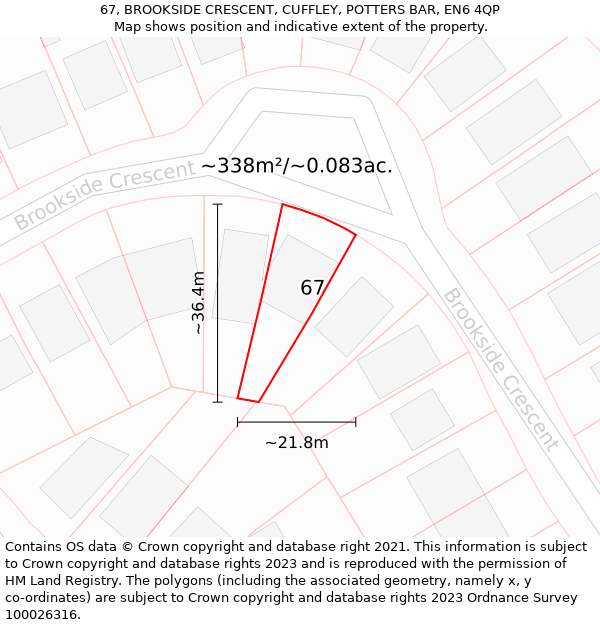 67, BROOKSIDE CRESCENT, CUFFLEY, POTTERS BAR, EN6 4QP: Plot and title map