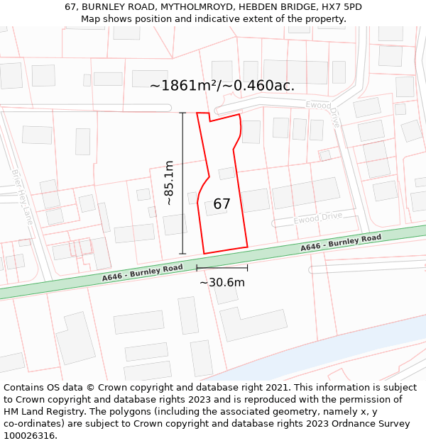 67, BURNLEY ROAD, MYTHOLMROYD, HEBDEN BRIDGE, HX7 5PD: Plot and title map