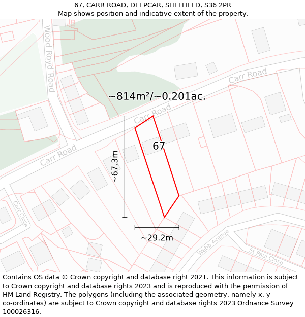 67, CARR ROAD, DEEPCAR, SHEFFIELD, S36 2PR: Plot and title map