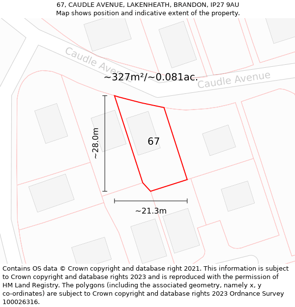 67, CAUDLE AVENUE, LAKENHEATH, BRANDON, IP27 9AU: Plot and title map