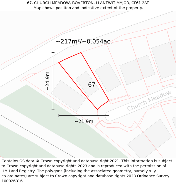 67, CHURCH MEADOW, BOVERTON, LLANTWIT MAJOR, CF61 2AT: Plot and title map