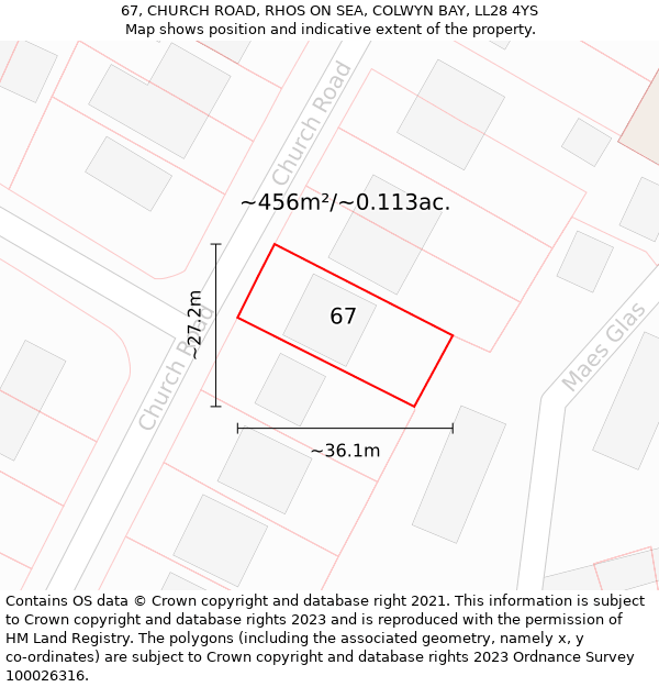 67, CHURCH ROAD, RHOS ON SEA, COLWYN BAY, LL28 4YS: Plot and title map