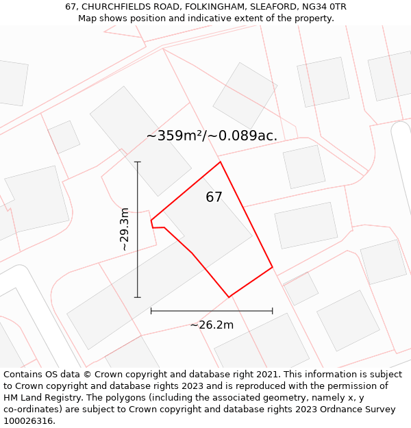 67, CHURCHFIELDS ROAD, FOLKINGHAM, SLEAFORD, NG34 0TR: Plot and title map