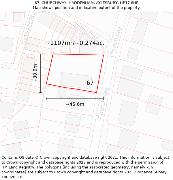 67, CHURCHWAY, HADDENHAM, AYLESBURY, HP17 8HB: Plot and title map