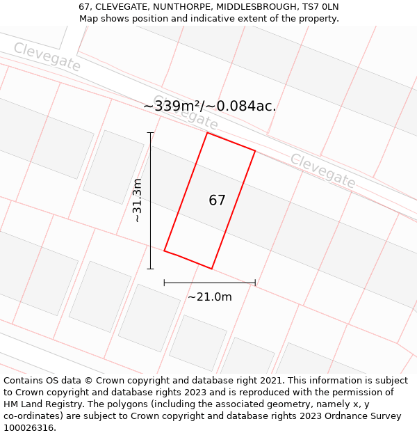 67, CLEVEGATE, NUNTHORPE, MIDDLESBROUGH, TS7 0LN: Plot and title map